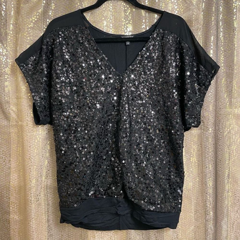 Express black multi sequin dolman style blouse, size M‎